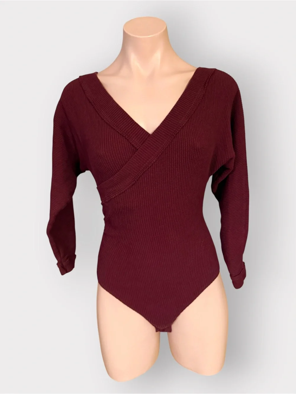 ⁠Intimately Free People Womens XS Burgundy Faux Wrap Ribbed Thermal Bodysuit